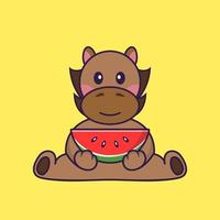 Cute horse eating watermelon. vector