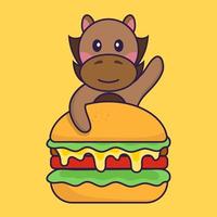 Cute horse eating burger. vector