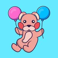 Cute rabbit flying with two balloons. vector