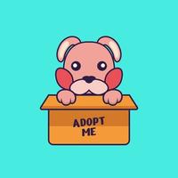 Cute rabbit in box with a poster Adopt me. vector