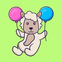 Cute sheep flying with two balloons. vector