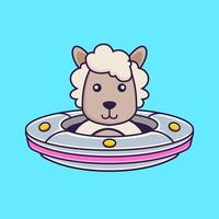 Cute sheep Driving Spaceship Ufo. vector