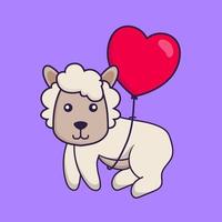 Cute sheep flying with love shaped balloons. vector