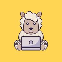 Cute sheep using laptop. vector