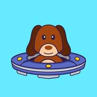 Cute dog Driving Spaceship Ufo. vector