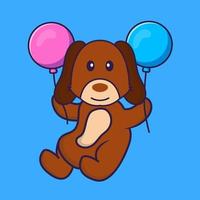 Cute dog flying with two balloons. vector