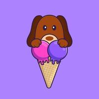lindo perro con helado dulce. vector