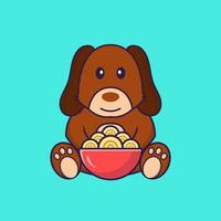 Cute dog eating ramen noodles. vector