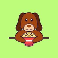 Cute dog eating ramen noodles. vector