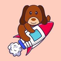 Cute dog flying on rocket. vector