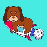 Cute dog flying on rocket. vector