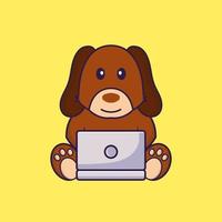 Cute dog using laptop. vector