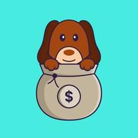 Cute dog playing in money bag. vector