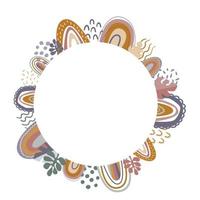 Circle frame with rainbows, leaves and doodles. Boho style card vector