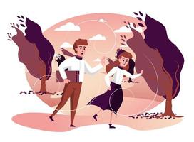 Man and woman running in storm windy weather in autumn park isolated vector