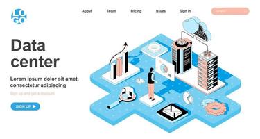 concepto isométrico del centro de datos para la página de destino vector