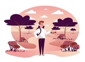 Man picking mushrooms in autumn park isolated scene vector