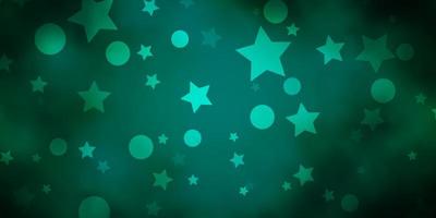 Dark Green vector backdrop with circles, stars.