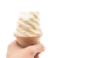 Cono de helado de vainilla sobre fondo blanco.