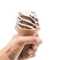 Chocolate ice cream cone on white background photo