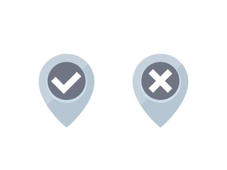 check marks and vector ticks with markers, pins, gray on white