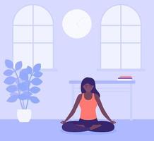 ejercicio de yoga, niña medita en casa, mantente positivo y atento vector