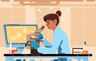 Scientist Study Specimen With Her Microscope vector