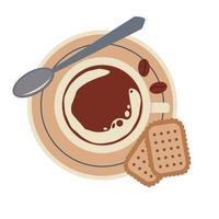 A cup of coffee with a saucer, cookies and a spoon. Flat vector