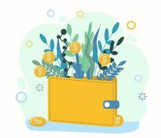 Wallet with coins. Money grows on the branches and leaves of plants. vector