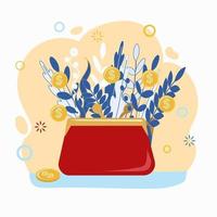 Wallet with coins. Money grows on the branches and leaves of plants. vector