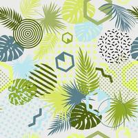 Seamless pattern with tropical leaves of plants and memphis vector