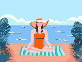 Girl in a swimsuit and a hat on the beach. Summer rest. Sea vector