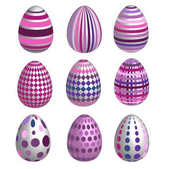 Set of multicolor easter eggs with different texture. Purple and pink vector