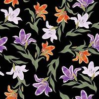 Seamless pattern lily flowers on black background. vector