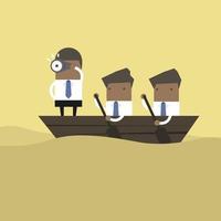 Businessman in rowing boat with one captain manager boss leader. vector