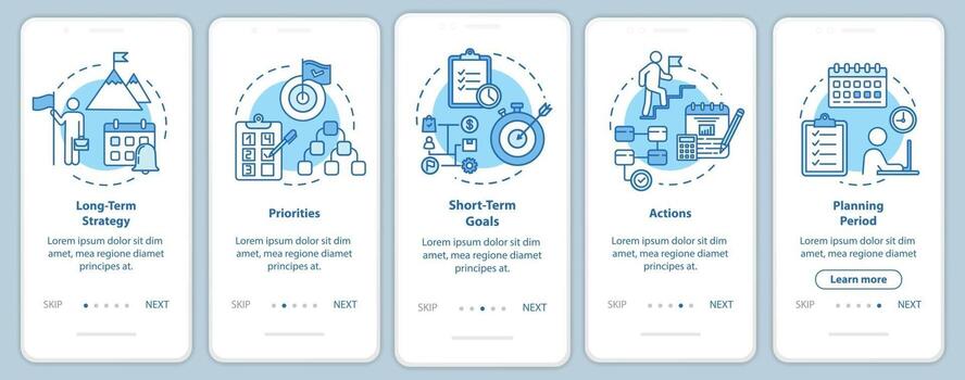 Time strategies onboarding mobile app page screen with concepts vector