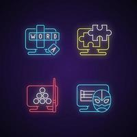 Intellectual game types neon light icons set vector