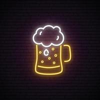 Neon Beer mug with foam. vector