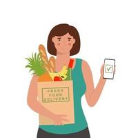 Online food ordering. Woman using mobile app to order food delivery vector