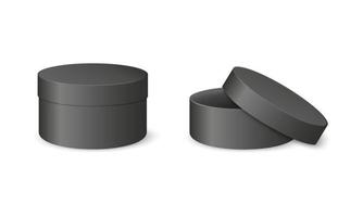 Black round cardboard boxes. Closed and open cylinder packages vector