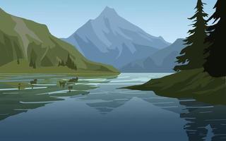 Flat Landscape Of Mountain With Lake And Pine Trees vector