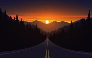 hermosa puesta de sol con camino vacío y bosque de pinos vector