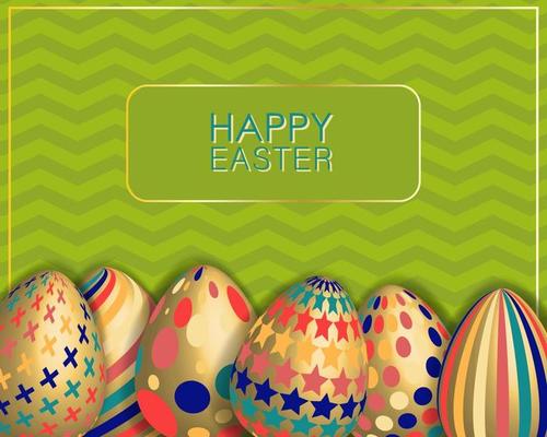 Easter card with decorated golden eggs. Green wavy background.