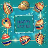 Happy Easter background with realistic decorated 3D eggs and confetti vector