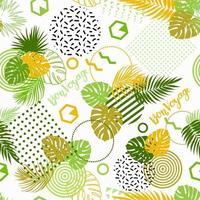 Seamless pattern with tropical leaves of plants and memphis style vector