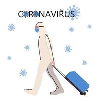 A man in a protective medical suit travels with suitcase vector