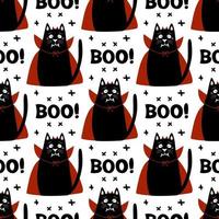 Seamless pattern Cat wear vampire costume with fangs, horns, red cloak vector