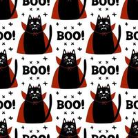 Seamless pattern Cat wear vampire costume with fangs, horns, red cloak vector