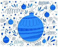 Doodle pattern background with blue christmas tree toys vector