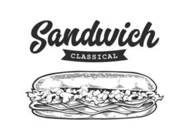 sandwich retro emblema blanco y negro vector
